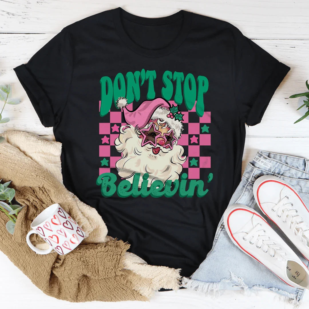 Don't Stop Believin Pink Santa Tee